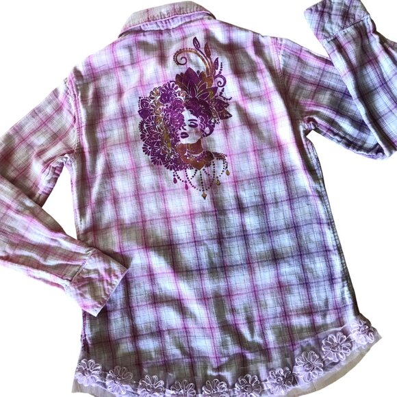 Bleached Flannel Shirt, Size Small Petite: Upcycled Painted Fancy Lady, Lace Hem - Picture 1 of 11